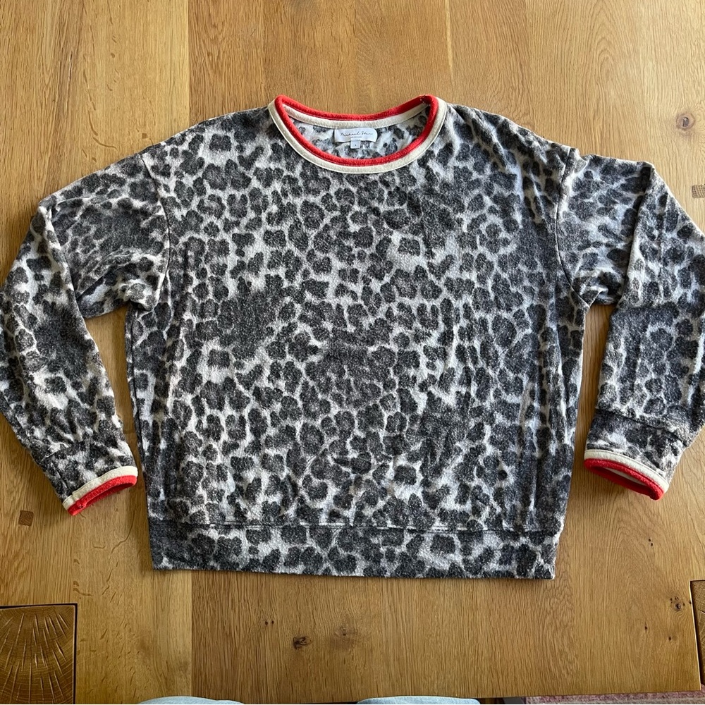 Michael Stars Gray Leopard Print Sweater with Red Trim